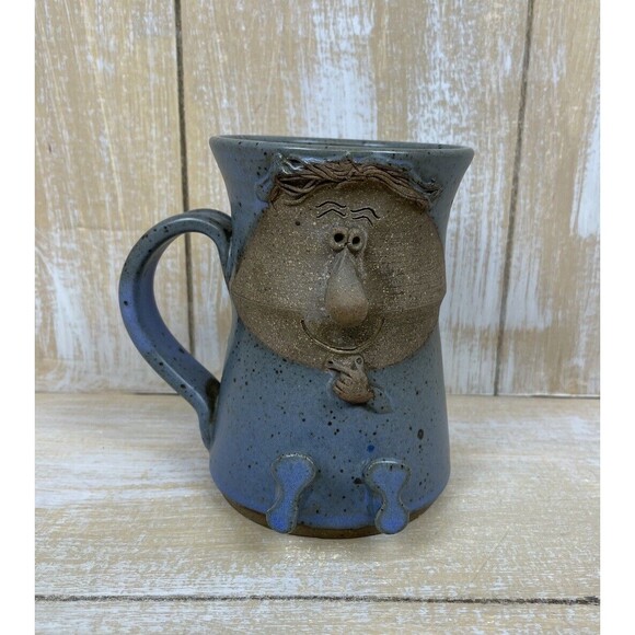Vintage Handmade Blue Pottery Mug Glazed with 3D Funny Character - Picture 1 of 9